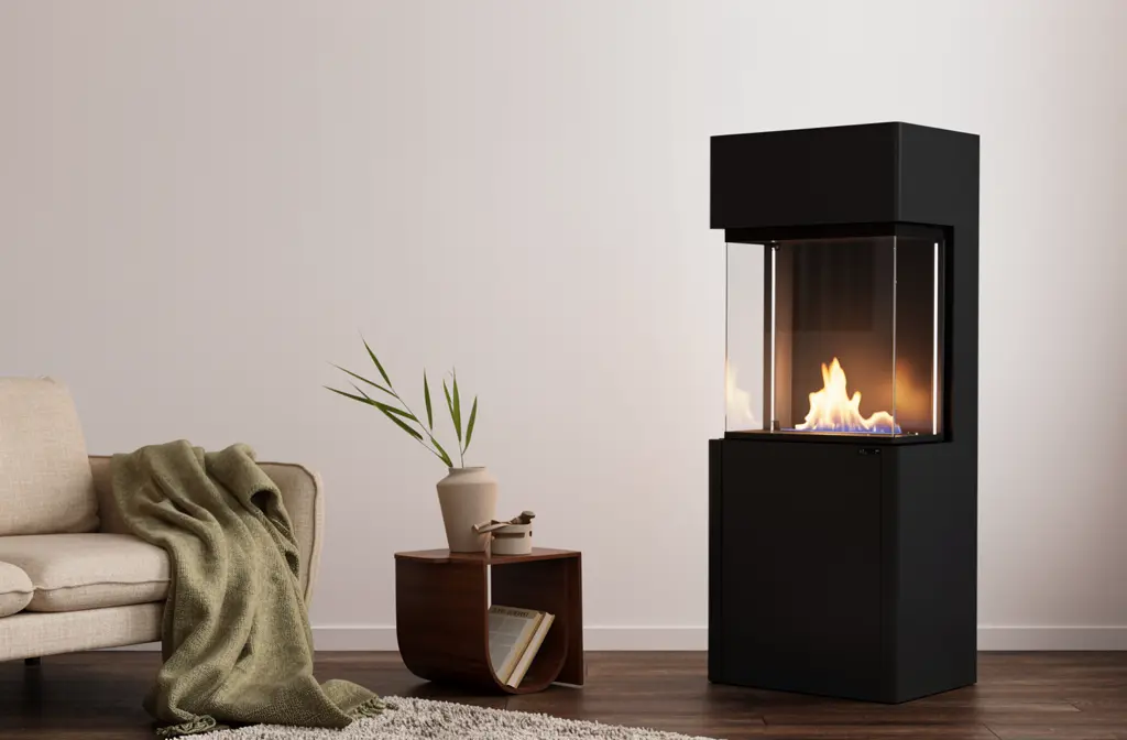 Cheminée bioéthanol noire design avec flammes visibles dans un salon moderne et chaleureux.
